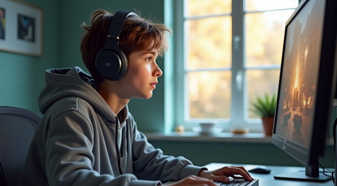 Jeune adulte jouant à un jeu de stratégie sur PC dans un bureau lumineux