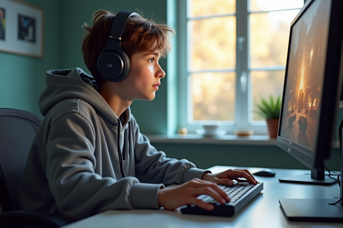 Jeune adulte jouant à un jeu de stratégie sur PC dans un bureau lumineux