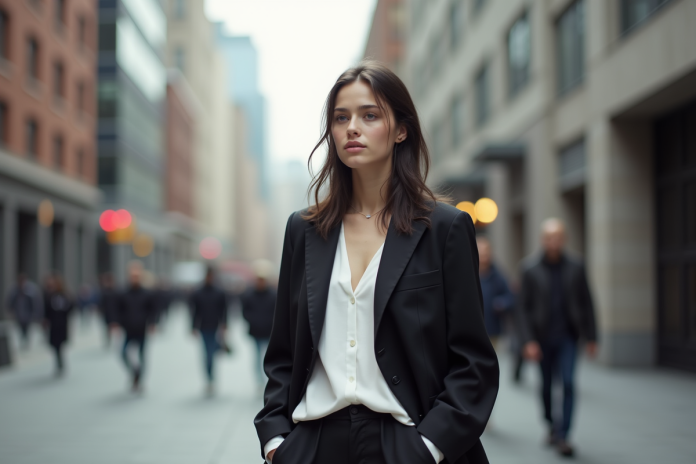 Jeune adulte en mode urbain avec blazer et pantalon large