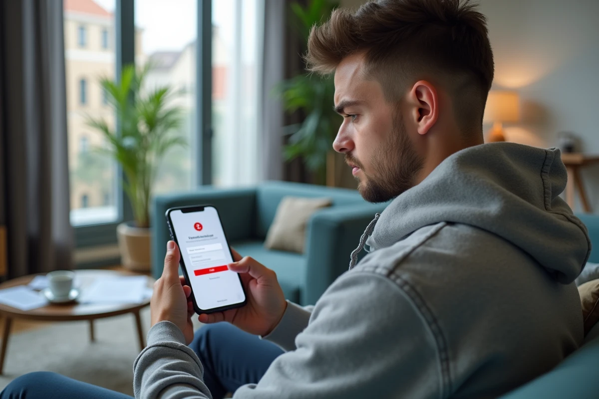 Jeune adulte consultant son smartphone avec une erreur de connexion à un service en ligne gouvernemental