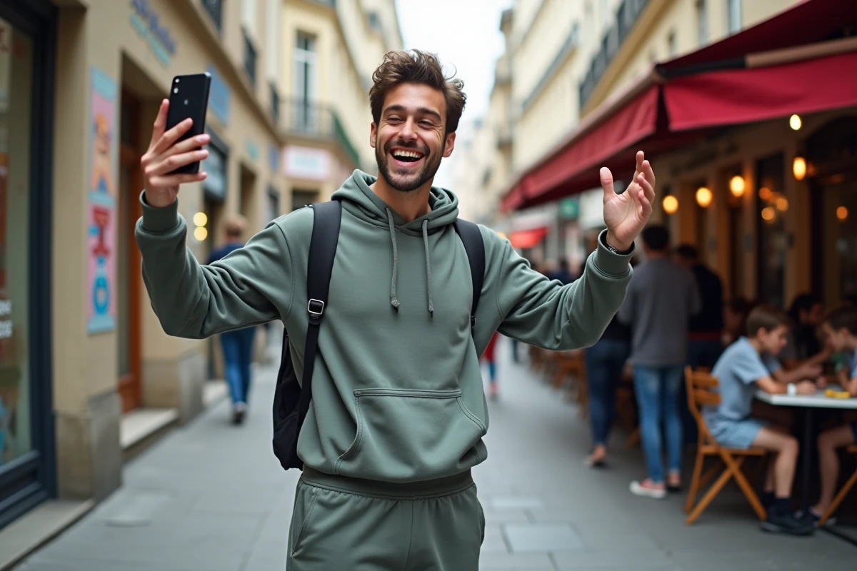Jeune comedien filmant une blague dans la rue à Paris