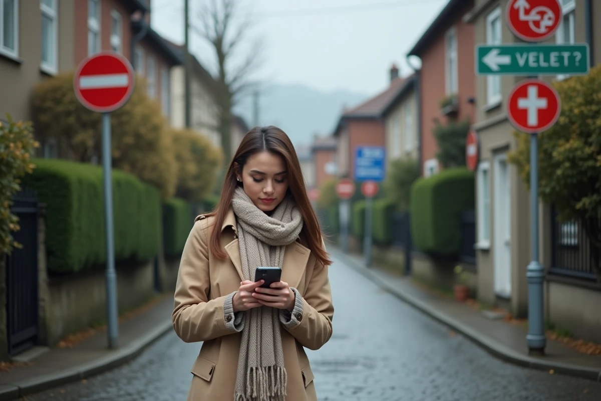 Jeune femme en trench coat examinant son smartphone à un croisement