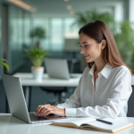 Boostez votre carrière avec une formation sur le chat GPT en intelligence artificielle : tout ce que vous devez savoir Jeune femme professionnelle concentrée sur son ordinateur dans un bureau moderne