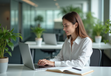 Boostez votre carrière avec une formation sur le chat GPT en intelligence artificielle : tout ce que vous devez savoir Jeune femme professionnelle concentrée sur son ordinateur dans un bureau moderne