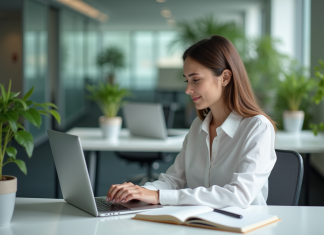 Boostez votre carrière avec une formation sur le chat GPT en intelligence artificielle : tout ce que vous devez savoir Jeune femme professionnelle concentrée sur son ordinateur dans un bureau moderne