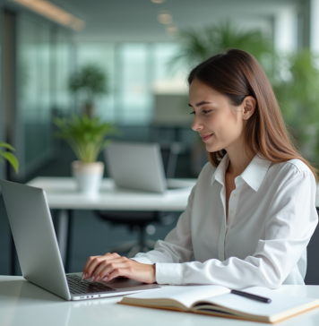 Boostez votre carrière avec une formation sur le chat GPT en intelligence artificielle : tout ce que vous devez savoir Jeune femme professionnelle concentrée sur son ordinateur dans un bureau moderne