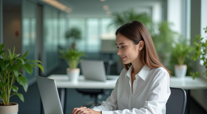 Boostez votre carrière avec une formation sur le chat GPT en intelligence artificielle : tout ce que vous devez savoir Jeune femme professionnelle concentrée sur son ordinateur dans un bureau moderne