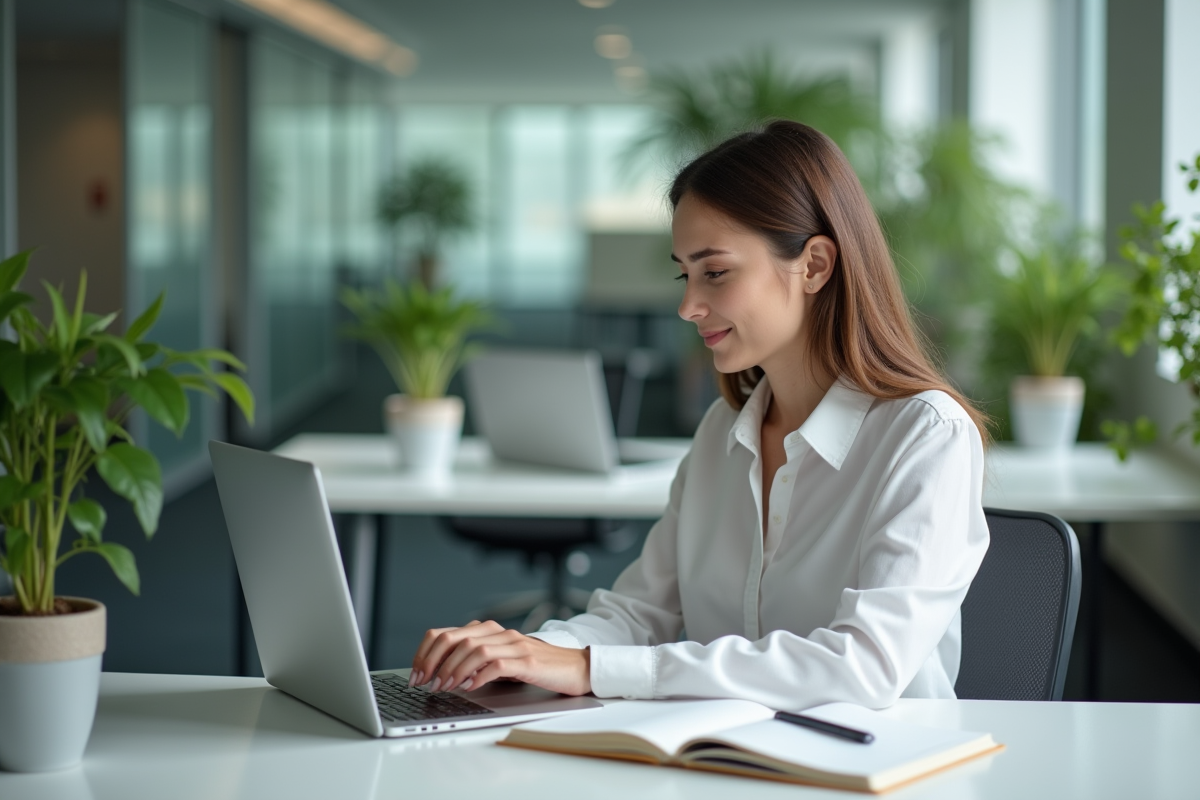 Jeune femme professionnelle concentrée sur son ordinateur dans un bureau moderne