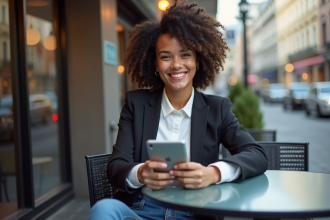 Jeune femme professionnelle prenant un selfie avec un produit en extérieur