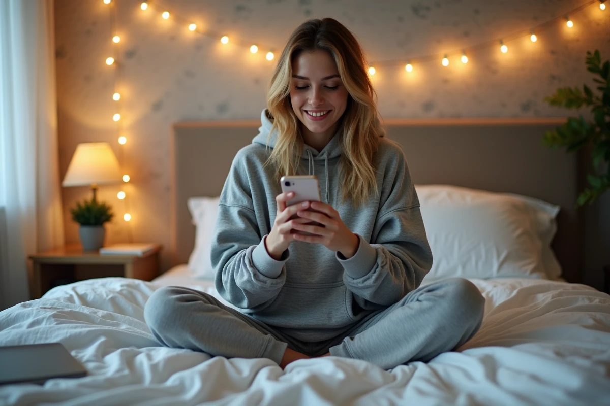Jeune femme hésitant à envoyer un GIF d'anniversaire rigolo depuis son téléphone assise sur son lit
