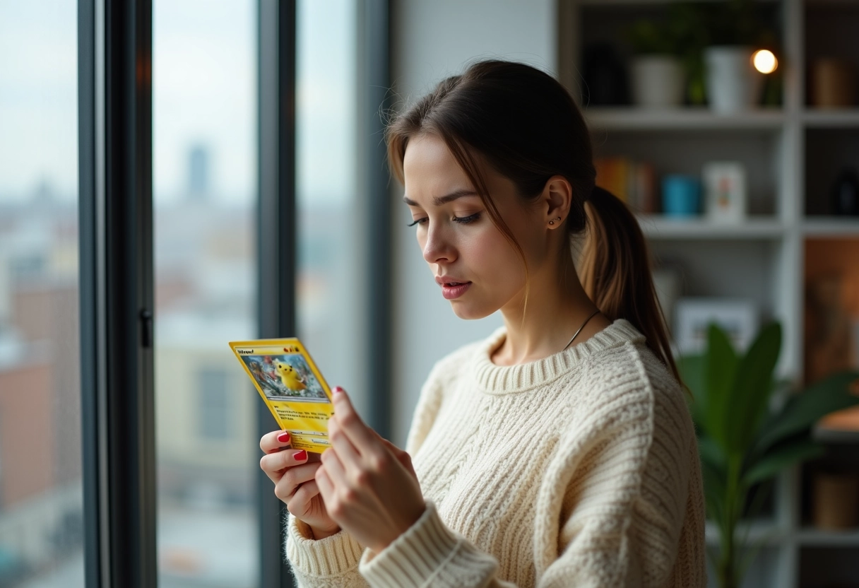 Femme regardant une carte Pokémon sous une loupe