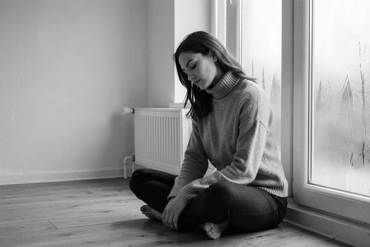 Jeune femme en pull gris appuyée contre une fenêtre embuée, portrait noir et blanc introspectif et émotionnel