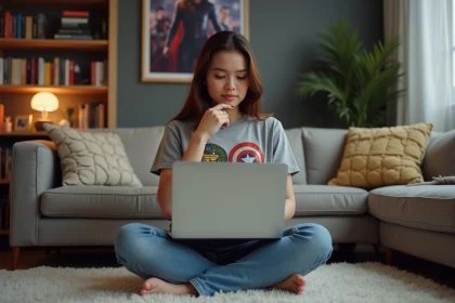 Jeune femme concentrée sur son laptop dans un salon moderne