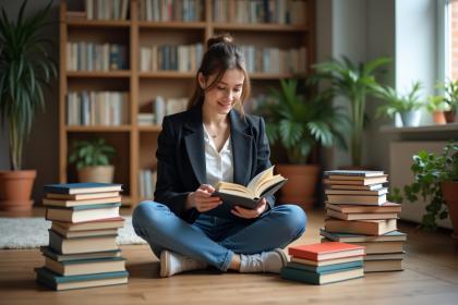 Jeune femme lisant un livre dans un salon cosy