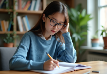 Jeune femme concentrée en travaillant une équation mathématique