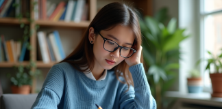 Jeune femme concentrée en travaillant une équation mathématique