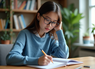 Résoudre une égalité : astuces et solutions faciles à appliquer Jeune femme concentrée en travaillant une équation mathématique