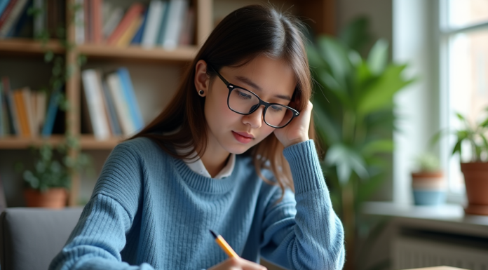 Résoudre une égalité : astuces et solutions faciles à appliquer Jeune femme concentrée en travaillant une équation mathématique