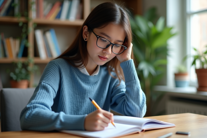 Jeune femme concentrée en travaillant une équation mathématique