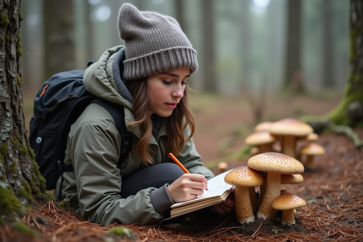 Jeune mycologue prenant des notes près de champignons boletus