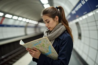 Jeune femme étudie une carte du métro parisien sur le quai