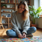 Activités ludiques : comment s’occuper chez soi ? Jeune femme construisant un puzzle coloré dans un salon chaleureux