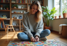 Activités ludiques : comment s’occuper chez soi ? Jeune femme construisant un puzzle coloré dans un salon chaleureux