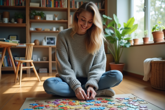 Jeune femme construisant un puzzle coloré dans un salon chaleureux