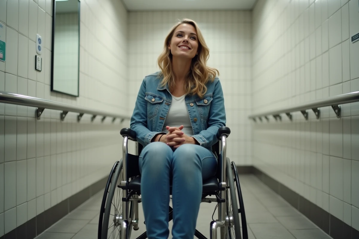 Jeune femme souriante en fauteuil roulant dans un toilette accessible