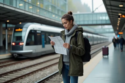 Jeune femme vérifiant un horaire à la gare de Grenoble
