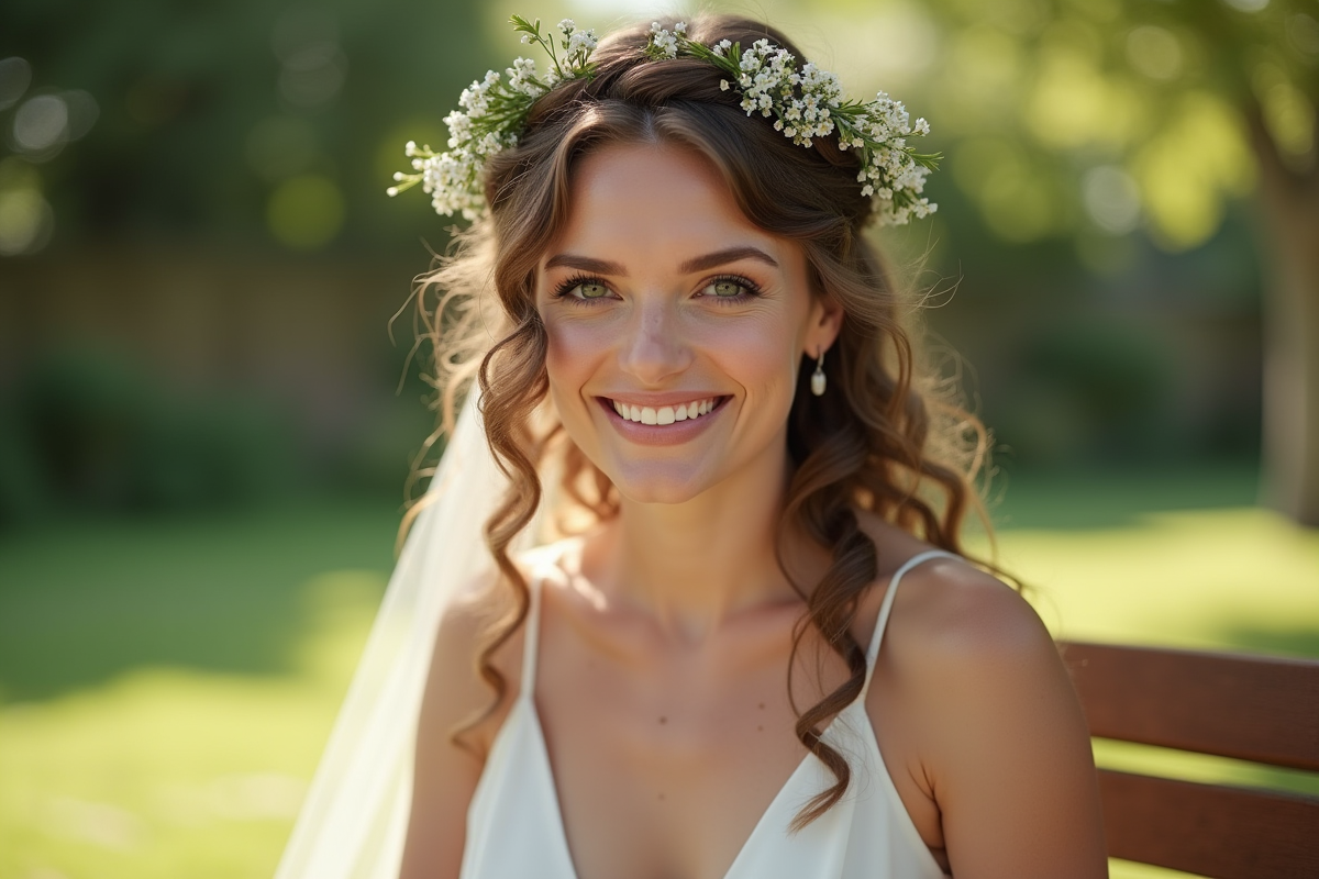 Mariée souriante avec tresse décontractée et fleurs sauvages