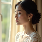 Mariée aux cheveux foncés en chignon élégant et robe en dentelle