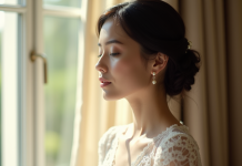 Mariée aux cheveux foncés en chignon élégant et robe en dentelle