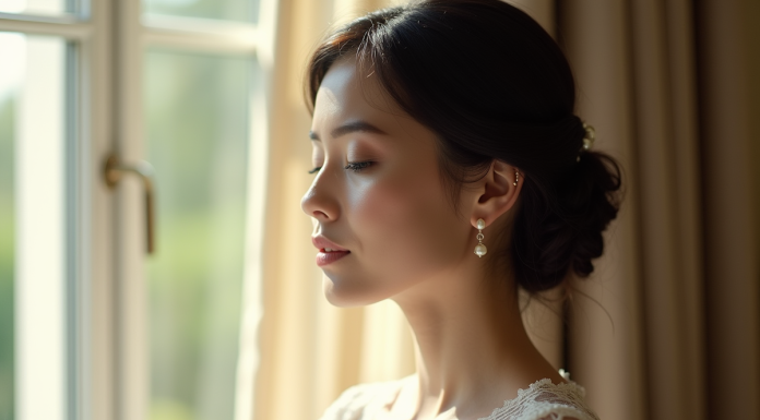 Mariée aux cheveux foncés en chignon élégant et robe en dentelle