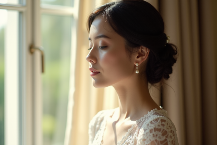 jeune-fille-robe-lace-elegante Mariée aux cheveux foncés en chignon élégant et robe en dentelle