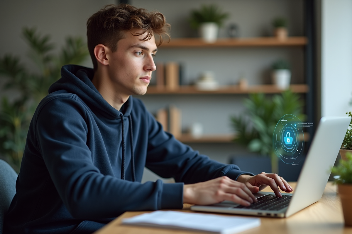 Jeune homme en hoodie utilisant un VPN sur son ordinateur