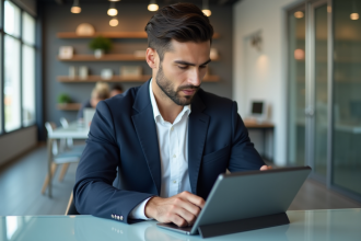 Jeune homme professionnel utilisant une tablette dans un bureau moderne