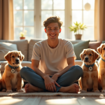 Jeune homme assis avec des chiots mâles adorables dans un salon lumineux