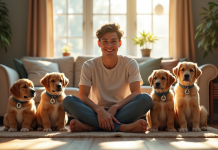 Jeune homme assis avec des chiots mâles adorables dans un salon lumineux