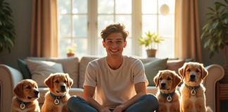 Jeune homme assis avec des chiots mâles adorables dans un salon lumineux