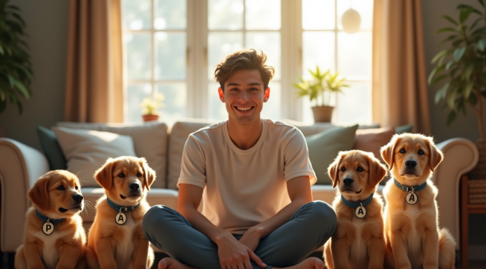 Jeune homme assis avec des chiots mâles adorables dans un salon lumineux