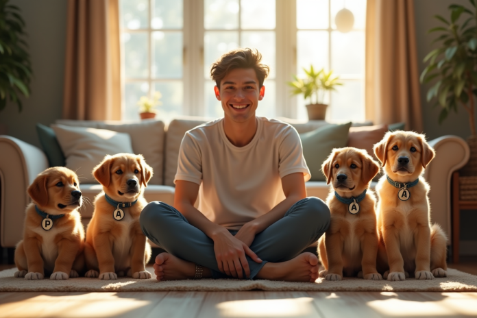 jeune-homme-chien-cosy-salon Jeune homme assis avec des chiots mâles adorables dans un salon lumineux