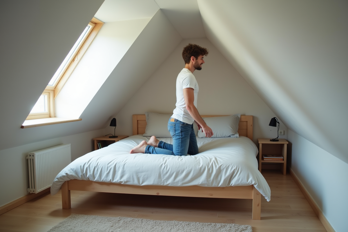 Jeune homme ajustant un lit dans une chambre mansardée