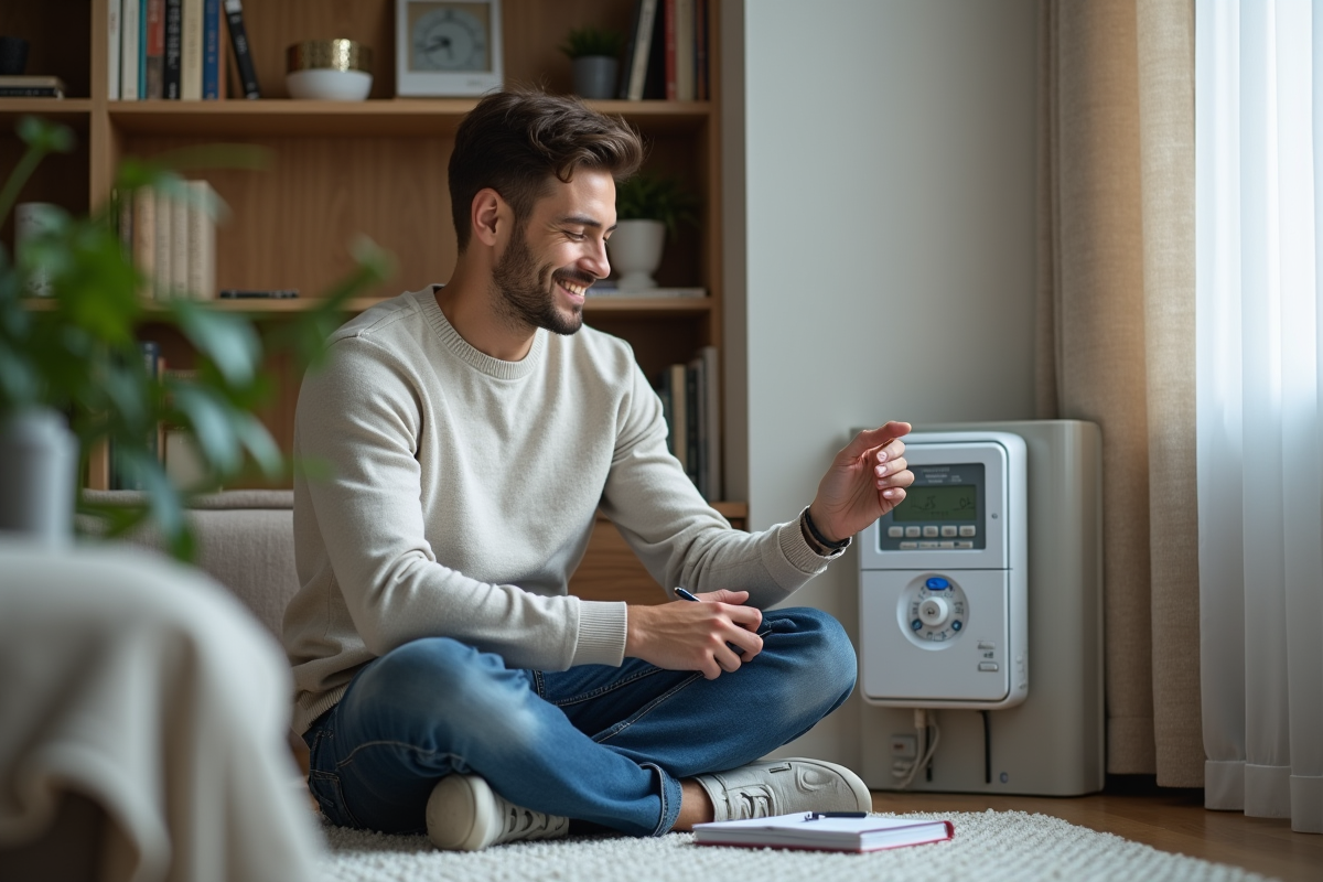 Jeune homme assis sur le sol ajustant un compteur électrique intelligent
