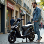 Quel est le tarif à Dax pour une moto 50cc ? Jeune homme examine une moto 50cc à Dax France