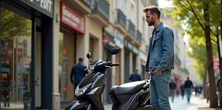 Quel est le tarif à Dax pour une moto 50cc ? Jeune homme examine une moto 50cc à Dax France