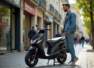 Quel est le tarif à Dax pour une moto 50cc ? Jeune homme examine une moto 50cc à Dax France