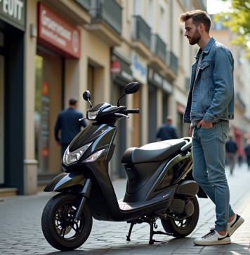 Jeune homme examine une moto 50cc à Dax France