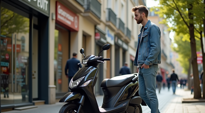 Quel est le tarif à Dax pour une moto 50cc ? Jeune homme examine une moto 50cc à Dax France