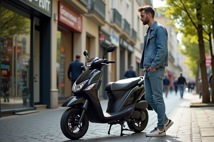 Jeune homme examine une moto 50cc à Dax France